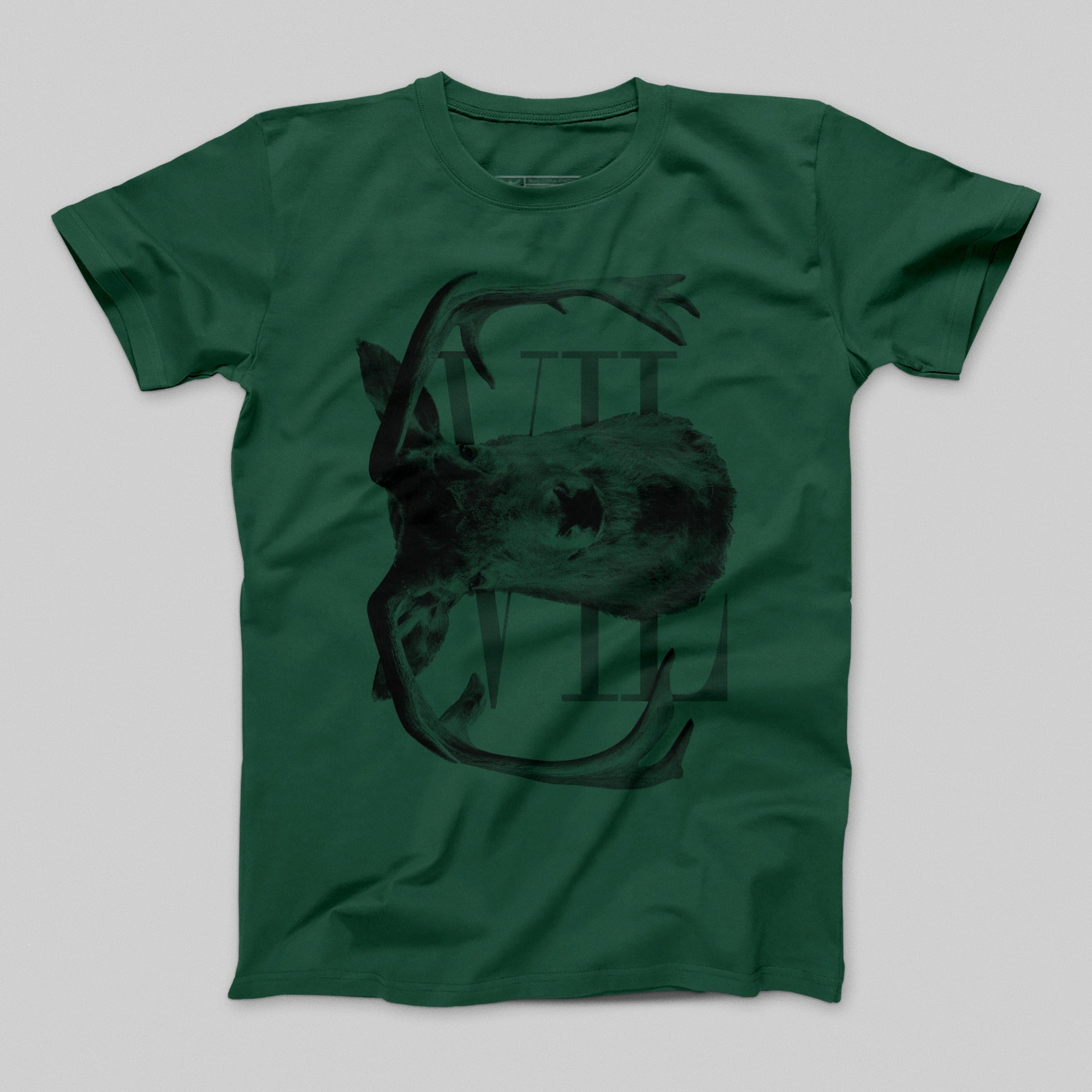 Dark Green T-Shirt with Deer Skull Graphic Design