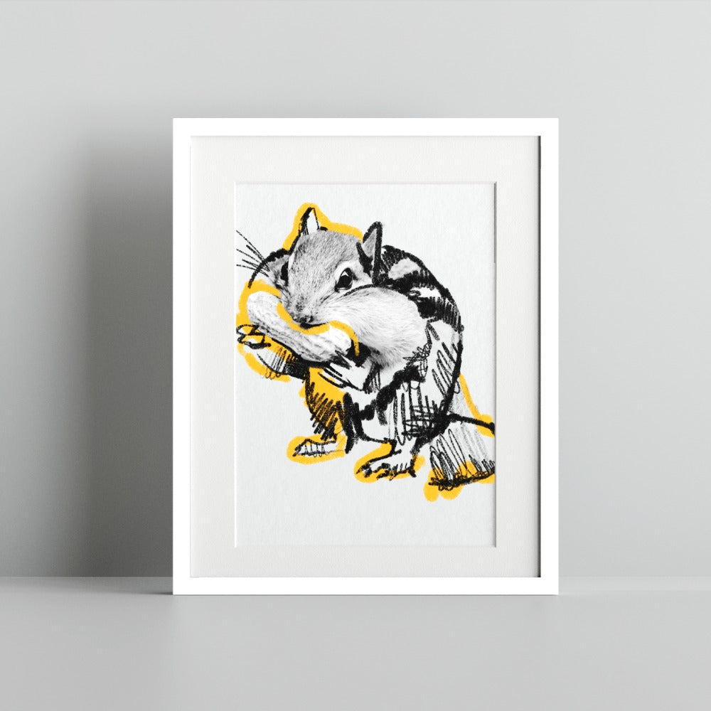 Cute Chipmunk Sketch Art Print in White Frame Decor