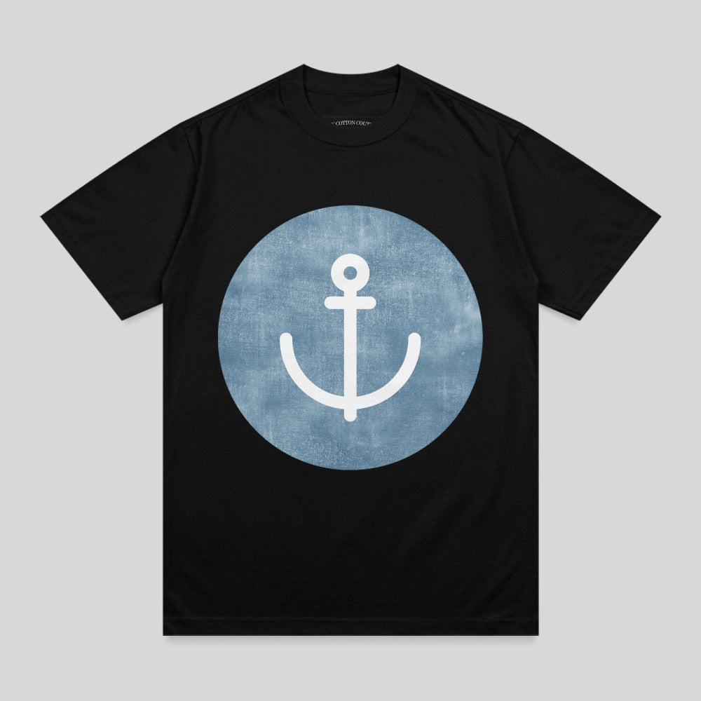 Black t-shirt with a white anchor logo on a blue distressed circle.