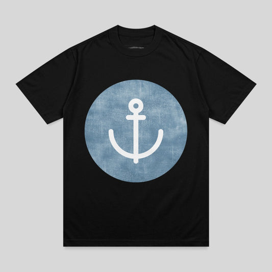Black t-shirt with a white anchor logo on a blue distressed circle.