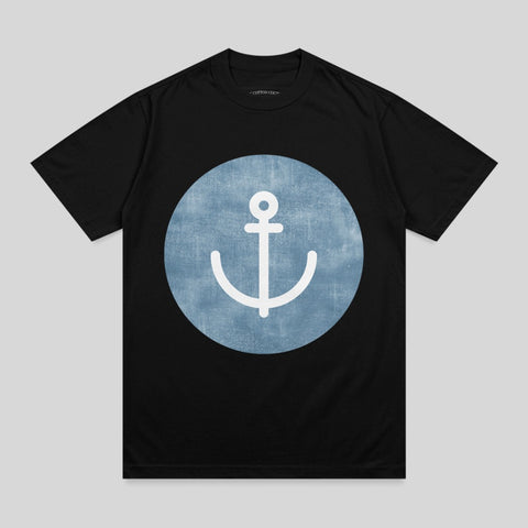 Black t-shirt with a white anchor logo on a blue distressed circle.