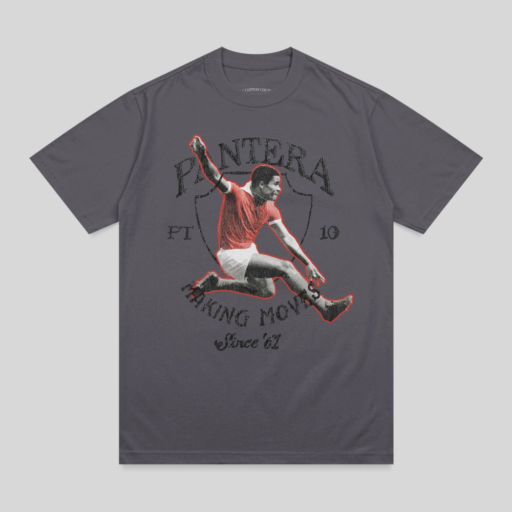 Charcoal t-shirt with graphic of a football player mid-kick and "PANTERA KING MOVES Since '67" text.