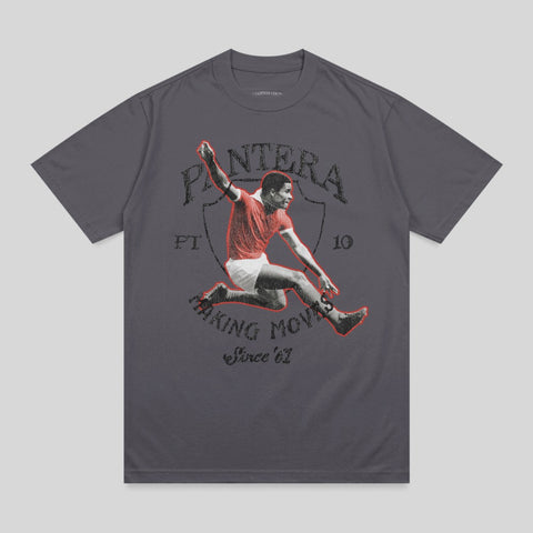 Charcoal t-shirt with graphic of a football player mid-kick and "PANTERA KING MOVES Since '67" text.