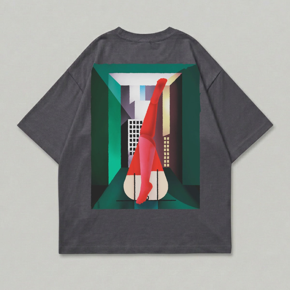 Dark grey top red leg art print geometric city product type