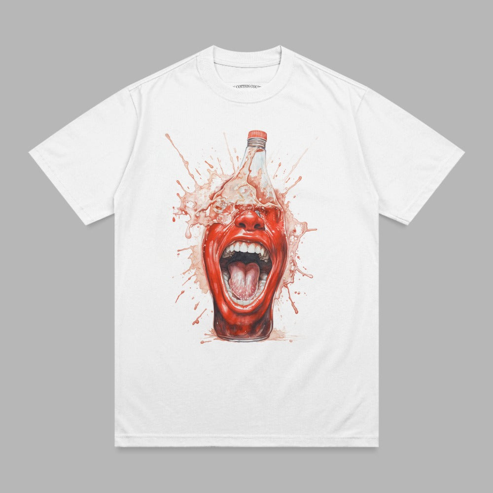 T-shirt with a white bottle of red liquid splashing from a screaming face.