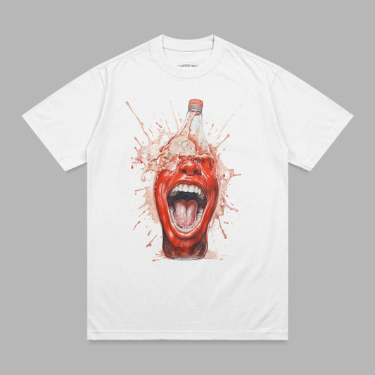 T-shirt with a white bottle of red liquid splashing from a screaming face.