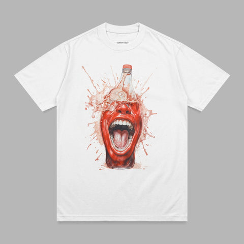 T-shirt with a white bottle of red liquid splashing from a screaming face.