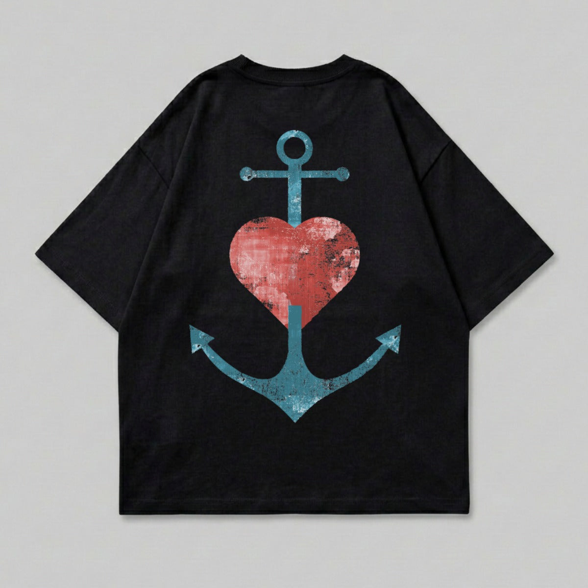 Black t-shirt with distressed red heart and anchor graphic on back.