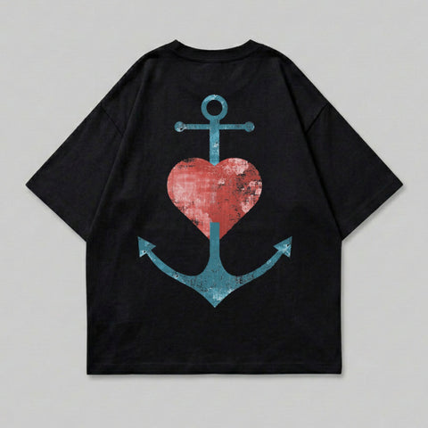 Black t-shirt with distressed red heart and anchor graphic on back.