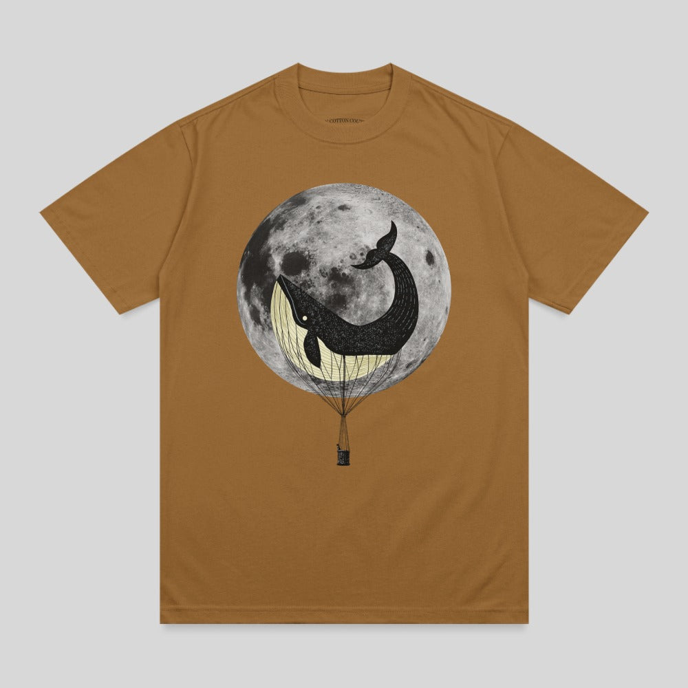 Whale in a hot air balloon basket beneath a full moon.