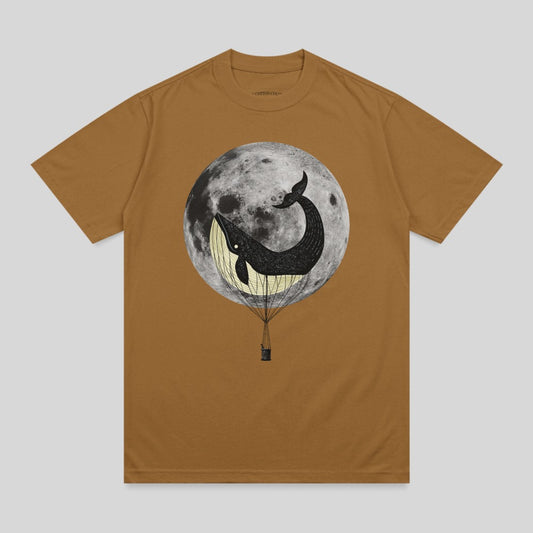 Whale in a hot air balloon basket beneath a full moon.