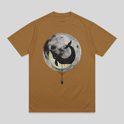 Whale in a hot air balloon basket beneath a full moon.