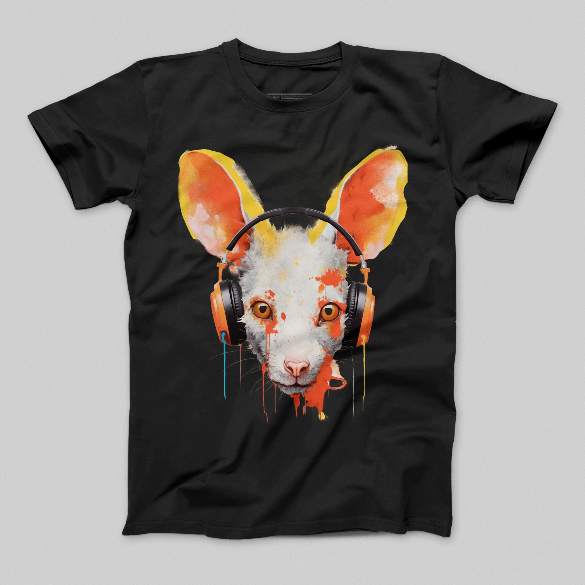 Vibrant Cat Headphones Graphic Black T-shirt