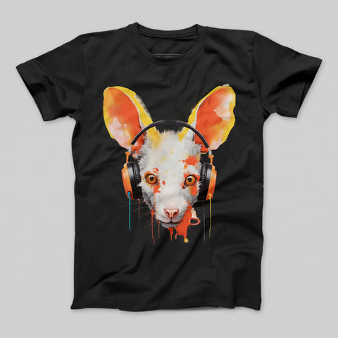Vibrant Cat Headphones Graphic Black T-shirt