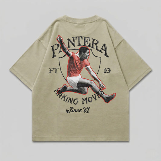 T-shirt graphic with vintage football player and "PANTERA MAKING MOVES Since '61" text.