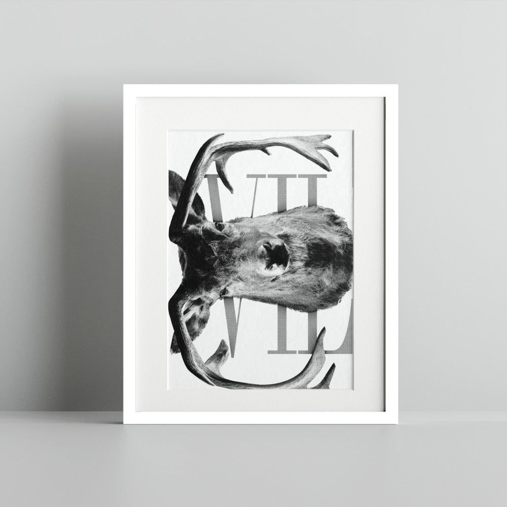 Monochrome Deer Artwork with Number Seven Print