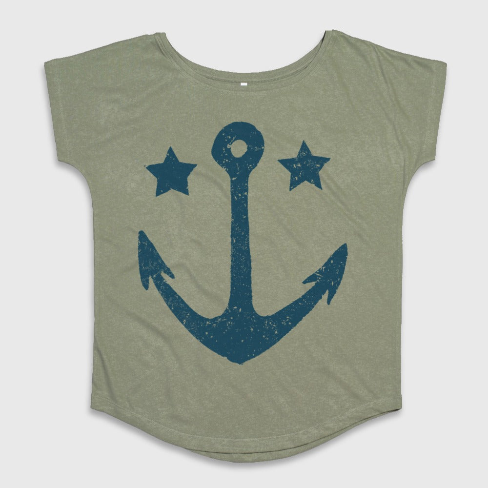 Olive Green T-Shirt with Anchor and Stars Design