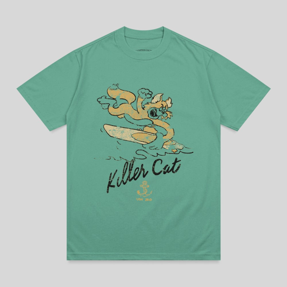 Green t-shirt with cartoon cat surfing graphic and "Killer Cat" text.