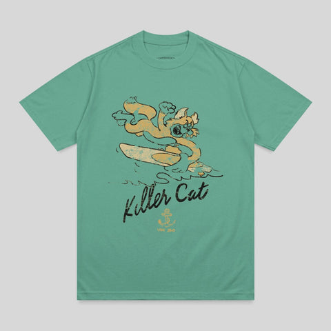 Green t-shirt with cartoon cat surfing graphic and "Killer Cat" text.