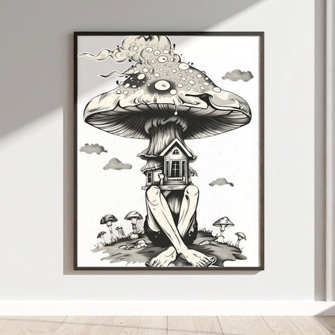 Surreal Mushroom House Artwork Framed Print Wall Art