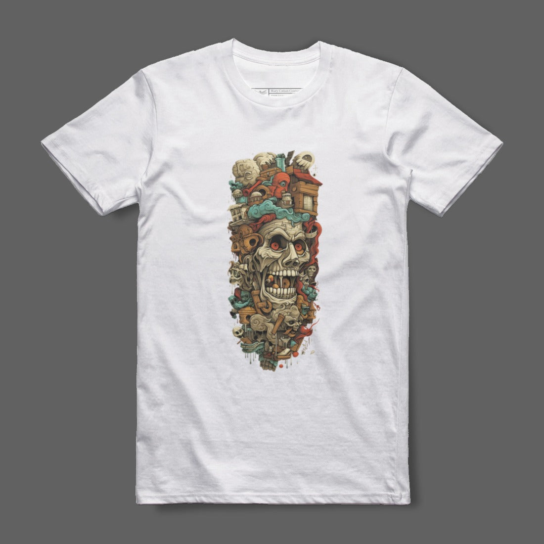 Intricate Skull and Objects Colorful Graphic T-shirt