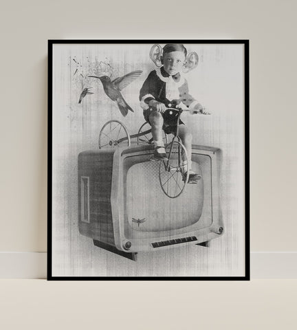 Whimsical Child on Bicycle with Hummingbird Art Print