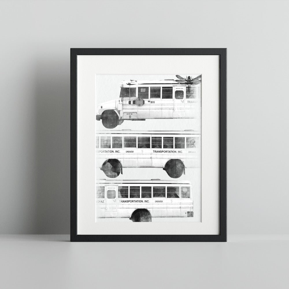Monochrome School Bus Art Print for Unique Home Decor