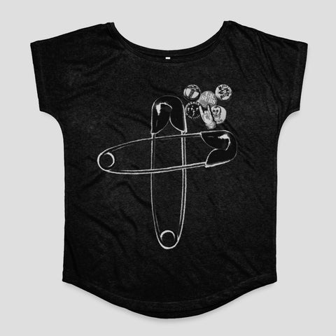 Stylish Black T-shirt with Unique Safety Pin Graphic