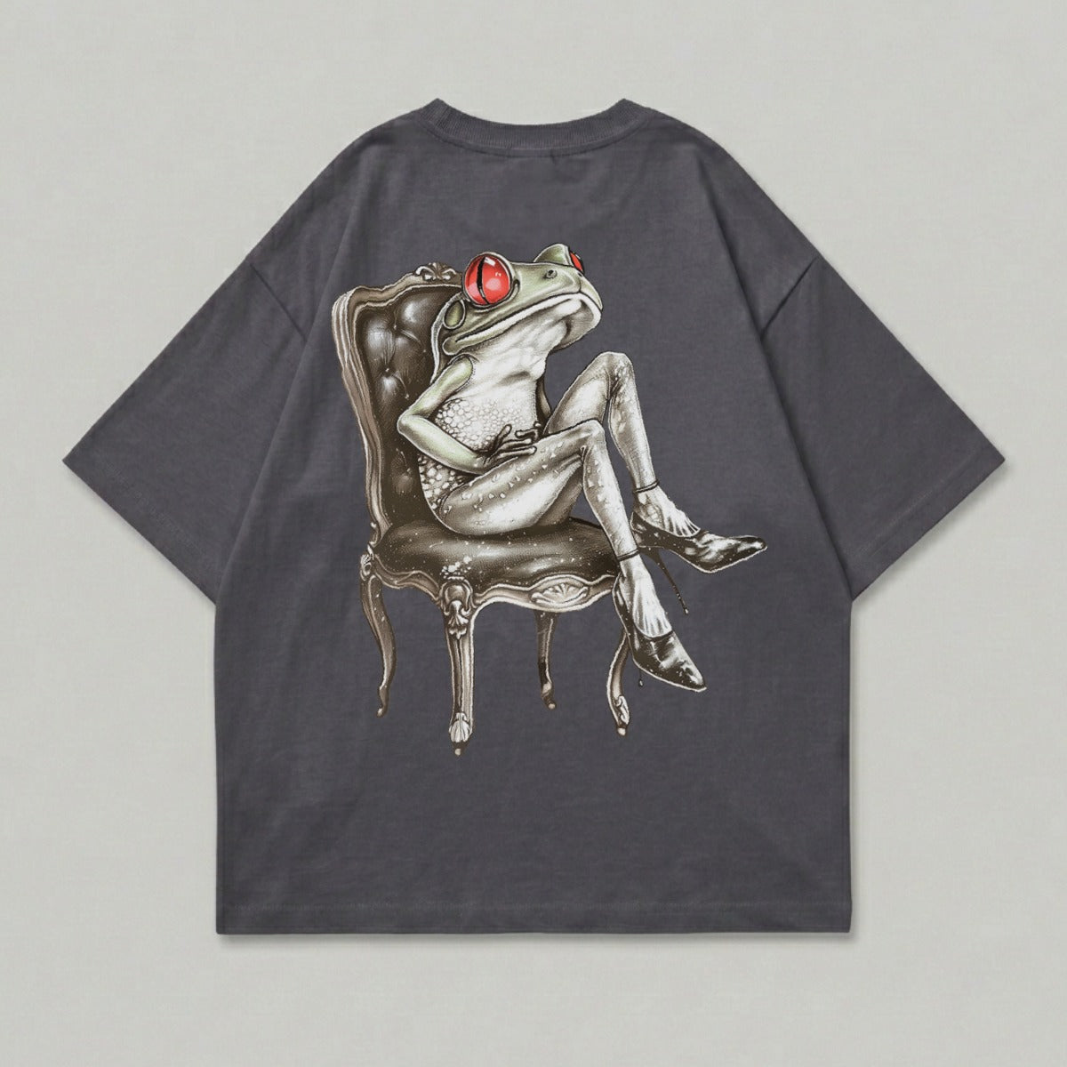 Red eyed frog ornate chair high heels unique product type
Frog
Red eyes
Ornate chair
High heels
Animal print
Unique design
Graphic tee
Dark grey
Anthropomorphic
Fantasy animal
Creature art
Quirky
Cool design
Statement piece
Artistic print
Amphibian
Fashion frog
Sitting pose
Vintage chair
Pop art