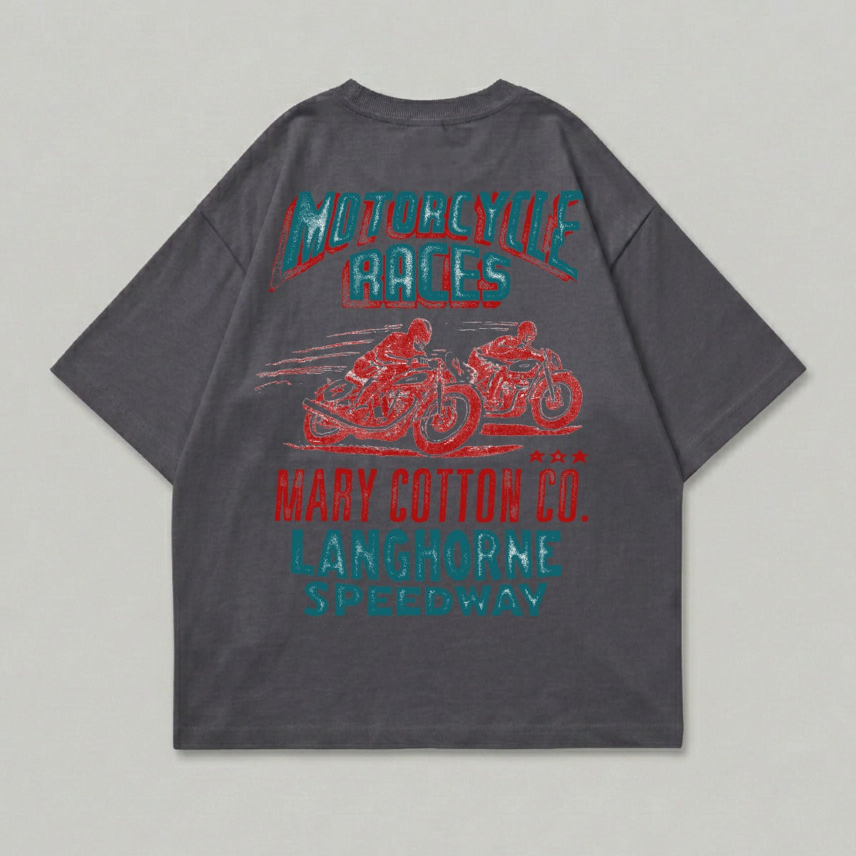 Dark t-shirt with red and teal graphic of two motorcycles and text.