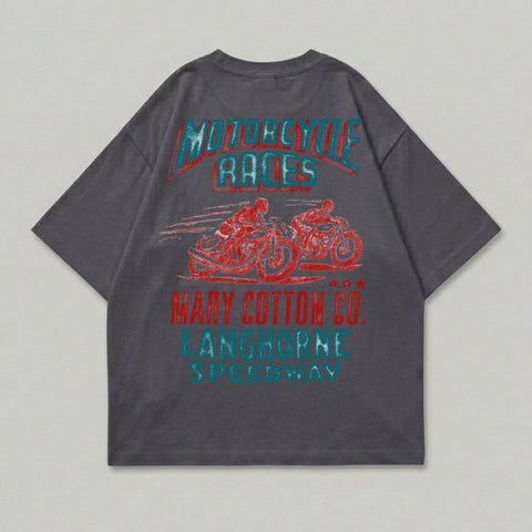 Dark t-shirt with red and teal graphic of two motorcycles and text.