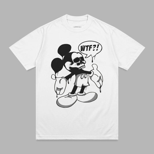 White t-shirt with distressed Mickey Mouse skeleton graphic and "WTF?!" speech bubble.