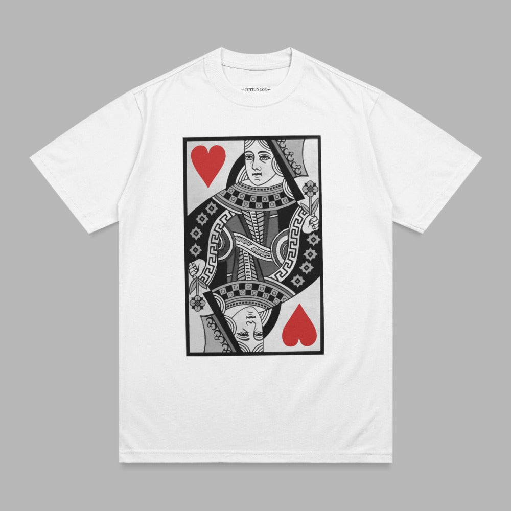 White t-shirt with Queen of Hearts playing card design.