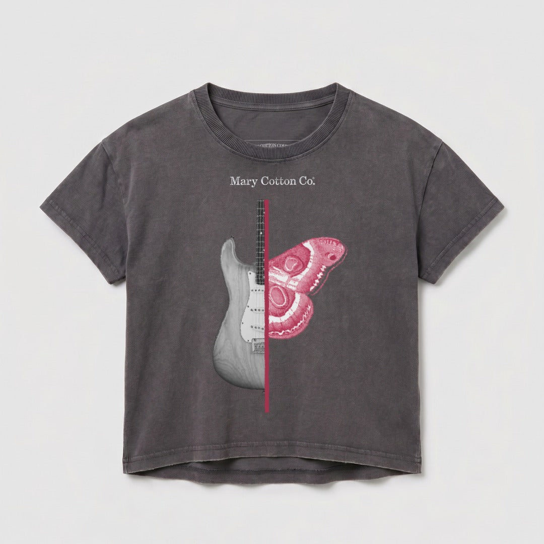 Gray t-shirt with half electric guitar and half pink moth design, "Mary Cotton Co." text.
