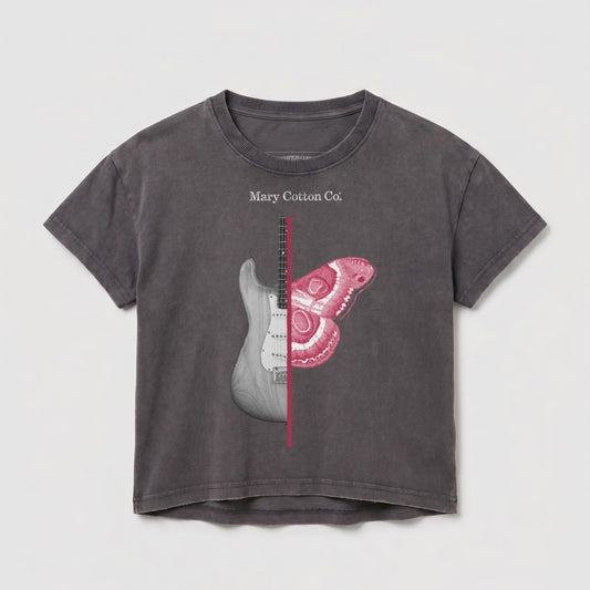 Gray t-shirt with half electric guitar and half pink moth design, "Mary Cotton Co." text.