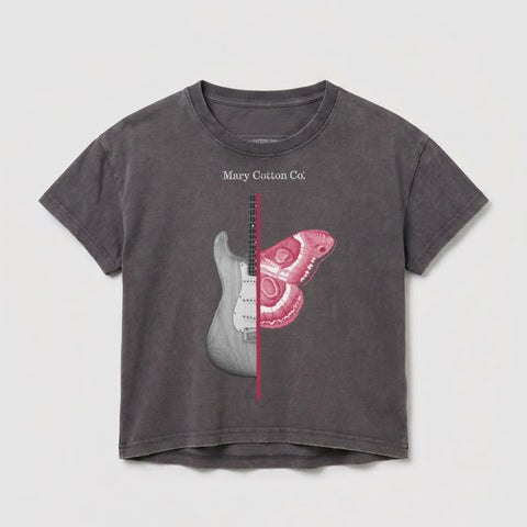 Gray t-shirt with half electric guitar and half pink moth design, "Mary Cotton Co." text.