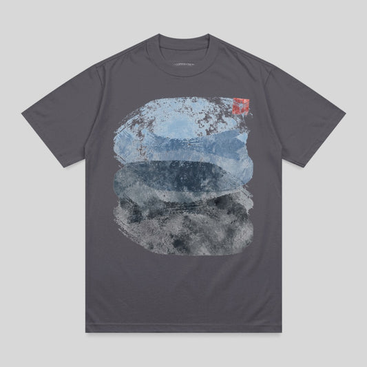 Dark grey t-shirt with abstract blue and grey paint stroke design.