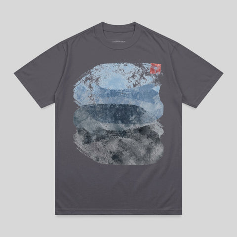 Dark grey t-shirt with abstract blue and grey paint stroke design.