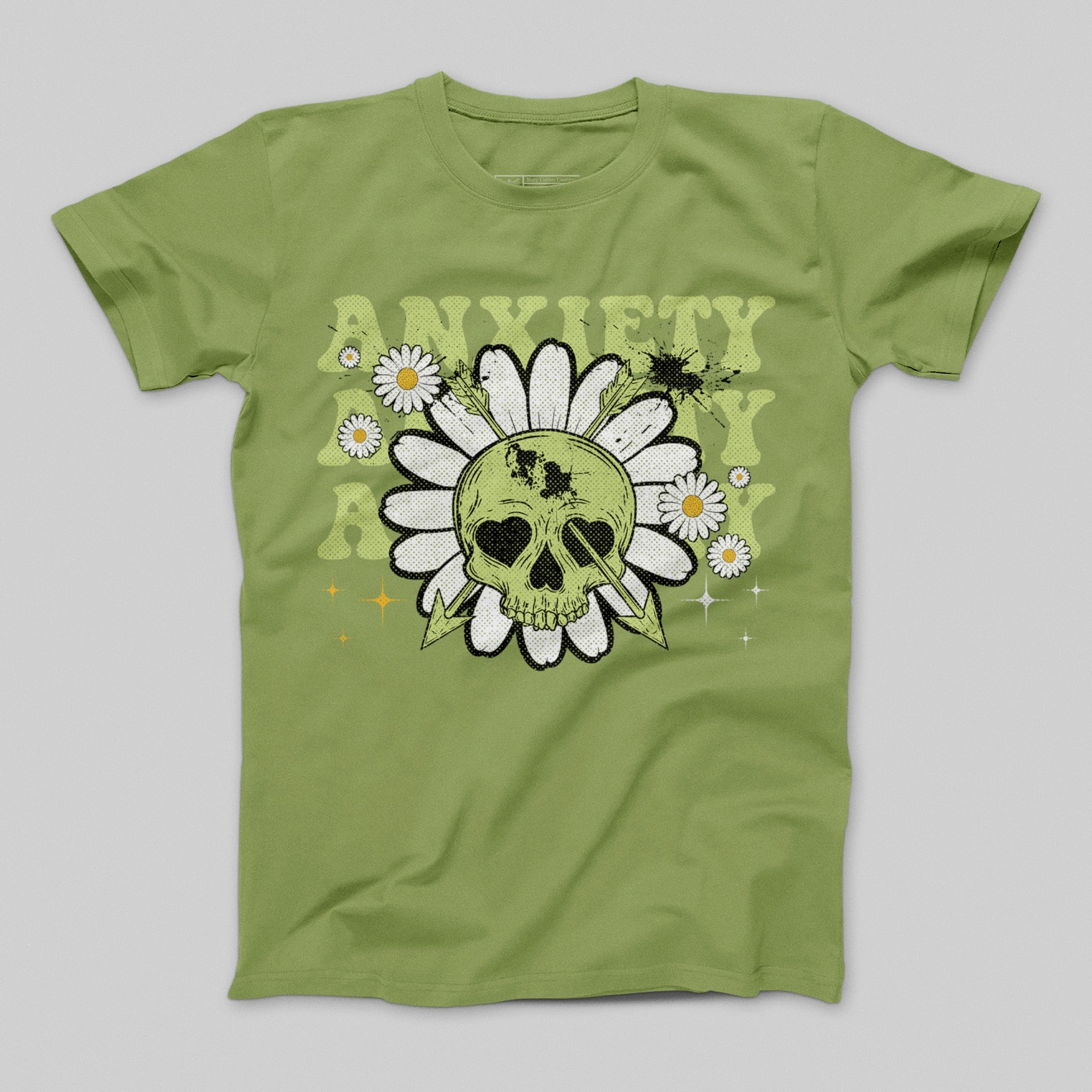 Anxiety Skull and Daisies Graphic Design T-Shirt