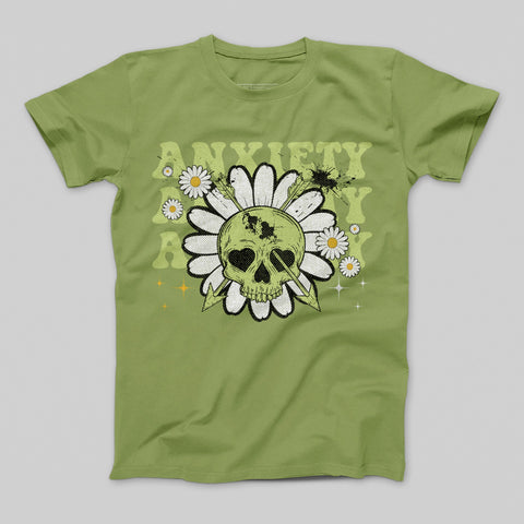 Anxiety Skull and Daisies Graphic Design T-Shirt