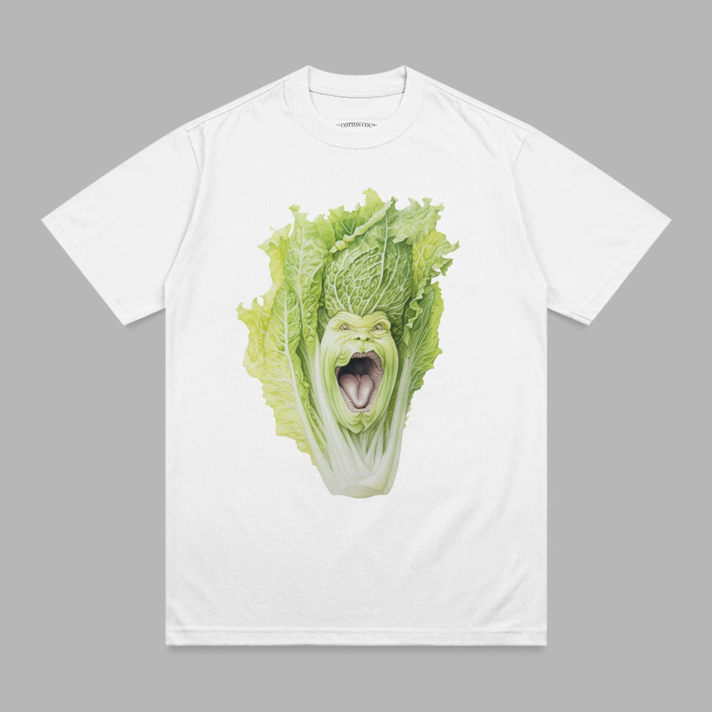 T-shirt with a detailed illustration of a surprised napa cabbage face.