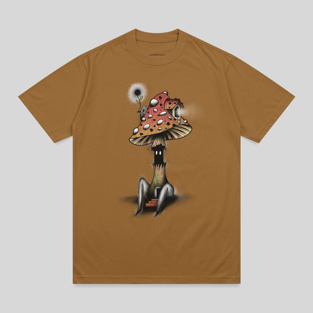 Mystical mushroom house character sitting graphic t-shirt