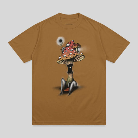 Mystical mushroom house character sitting graphic t-shirt