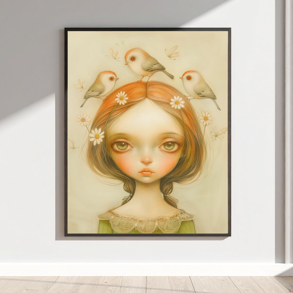 Whimsical Girl with Birds and Daisies Wall Art