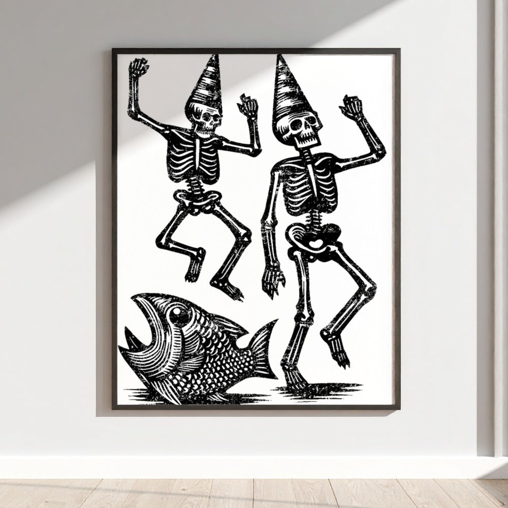 Dancing Skeletons with Fish Illustration Wall Art