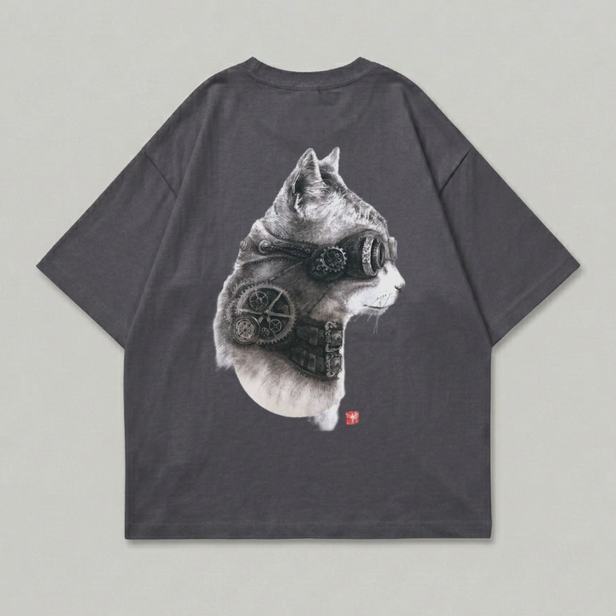 Dark gray t-shirt featuring a steampunk cat head graphic with gears and goggles.