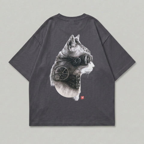 Dark gray t-shirt featuring a steampunk cat head graphic with gears and goggles.