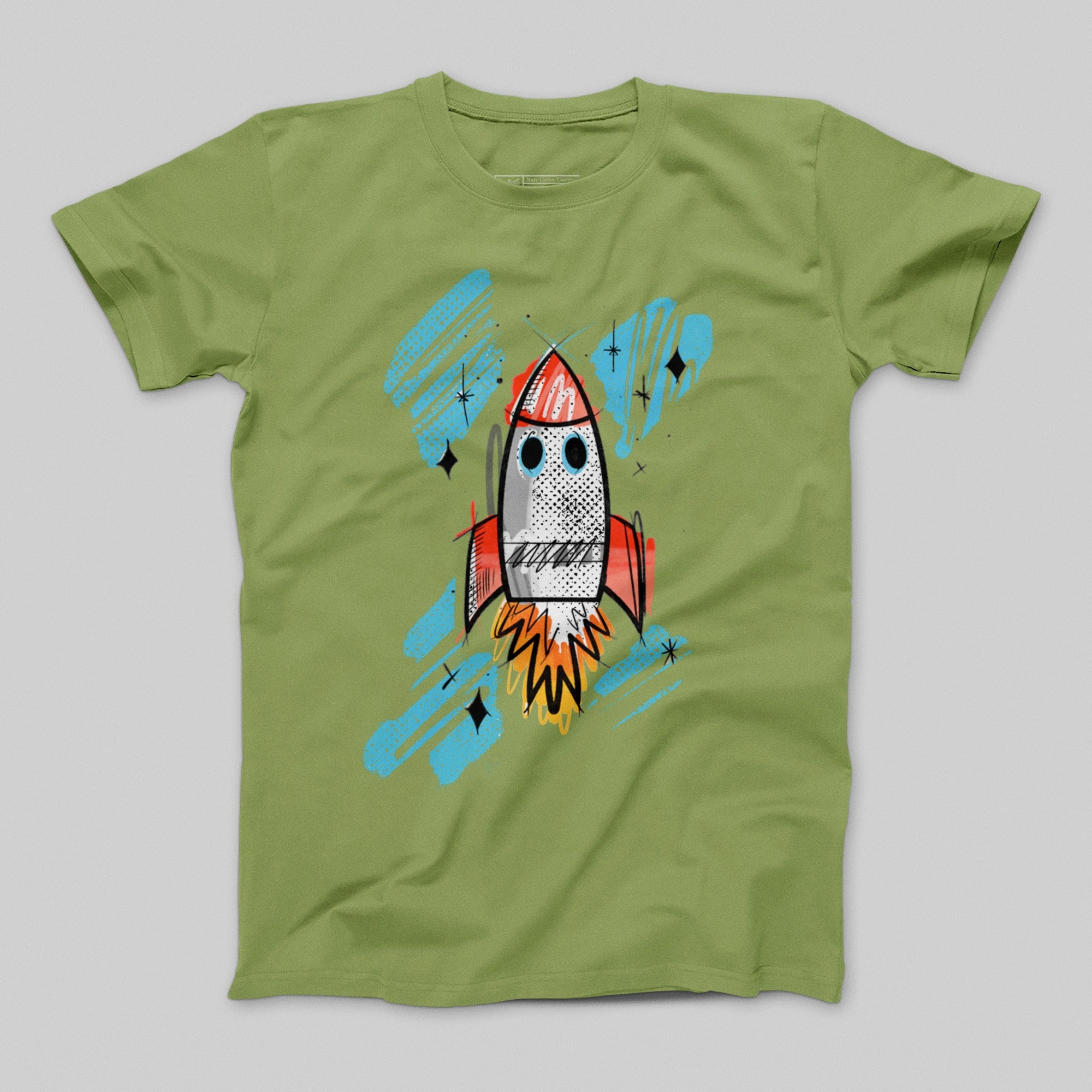 Green T-Shirt with Rocket and Colorful Artistic Design