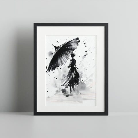 Abstract Monochrome Woman with Umbrella Art Print