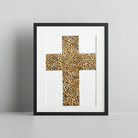 Leopard Print Cross Wall Art Framed Home Decor